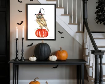 Halloween Witch Owl Watercolor Art Print, Bird on Pumpkin in Witch Hat, Unframed
