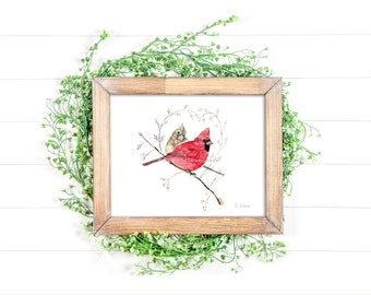 Cardinal Couple Horizontal Watercolor Art Print, State Bird Decor, Red Bird Print, Memorial Art, Couple Gift, Unframed