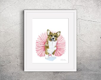 Whimsical Corgi Watercolor Art Print, Modern Dog in Tutu Decor, Gift for Pet Mom, Unframed