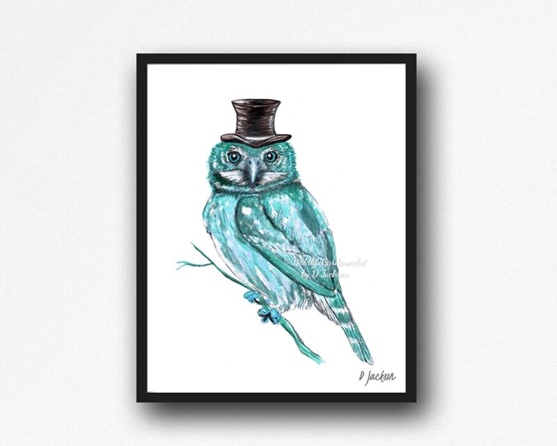 Teal Owl Watercolor Art Print, Modern Turquoise Bird in Hat,  Whimsical Nature Wall Decor, Gift for 