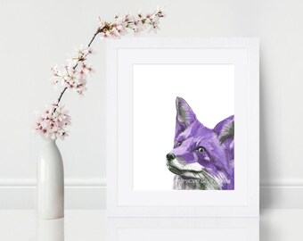 Purple Fox Watercolor Art Print, Modern Woodland Animal Decor, Colorful Wall Art, Gift for Her, Unframed