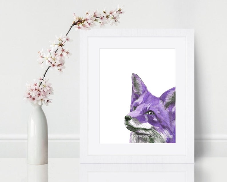 Purple Fox Watercolor Art Print, Modern Woodland Animal Decor, Colorful Wall Art, Gift for Her, Unframed image 1