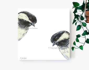 Chickadee Couple Square Wrapped Canvas Watercolor Art Print, Black and White Bird Art, Couple Gift, Gift for Parents, Unframed