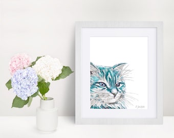 Teal Turquoise Striped Cat Watercolor Art Print, Modern Blue Pet Decor, Cat Mom Gift, Unframed