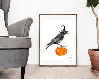 Halloween Crow Witch Watercolor Art Print, Modern Bird in Witch Hat, Pumpkin Decor, Fall, Autumn Living Room Decor, Unframed, 16 x 20