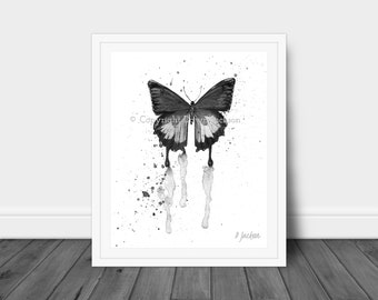 Abstract Black and White Butterfly Watercolor Art Print, Monochromatic Home Decor, Unframed