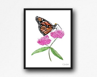 Monarch Butterfly on Pink Milkweed Watercolor Art Print, Whimsical Nature Wall Art, Gift for Her, Unframed