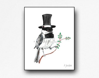 Chickadee in Top Hat Watercolor Art Print Mounted Ready to Hang, Modern State Bird Home Decor. Whimsical Nature Wall Art, Gift for Her