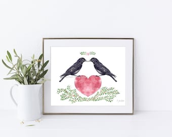 Crow Couple Love Watercolor Art Print from Hand Painted Original, Couple Gift, Unframed