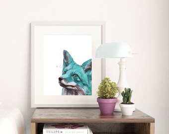 Teal Blue Fox Watercolor Art Print, Modern Monochromatic Nature Decor, Whimsical Woodland, Unframed