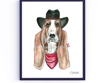 Cowboy Basset Hound Watercolor Art Print from Hand Painted Original, Whimsical Western Dog in Hat, Pet Parent Gift, Unframed