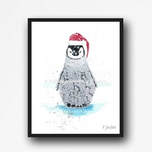 Christmas Baby Penguin Santa Watercolor Art Print, Whimsical Holiday Nature Decor, 11 x 14, Unframed image 2