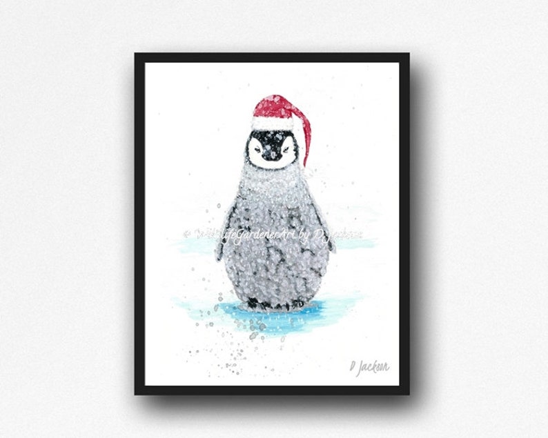 Christmas Baby Penguin Santa Watercolor Art Print, Whimsical Holiday Nature Decor, 11 x 14, Unframed image 2