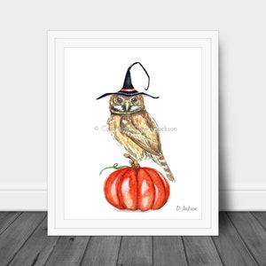 Halloween Witch Owl Watercolor Art Print, Bird on Pumpkin, Owl in Witch Hat, Kid Friendly Art, Unframed 8 x 10 inches