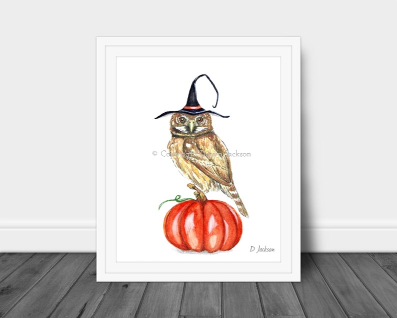 Halloween Witch Owl Watercolor Art Print, Bird on Pumpkin, Owl in Witch Hat, Kid Friendly Art, Unframed 8 x 10 inches