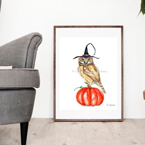 Halloween Witch Owl Watercolor Art Print, Bird on Pumpkin, Owl in Witch Hat, Kid Friendly Art, Unframed 16 x 20 inches