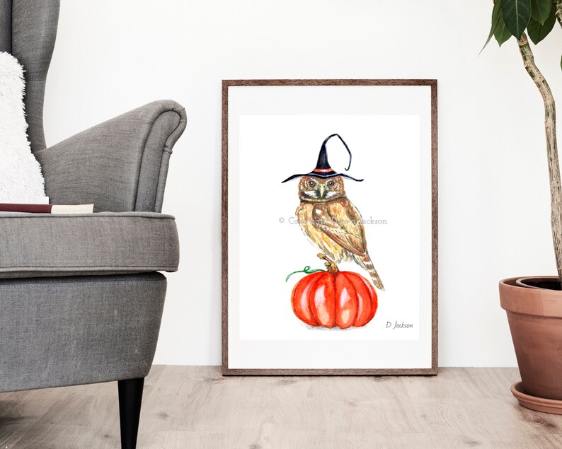 Halloween Witch Owl Watercolor Art Print, Bird on Pumpkin, Owl in Witch Hat, Kid Friendly Art, Unframed 16 x 20 inches