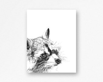 Black and White Raccoon Wrapped Canvas Watercolor Art Print, Woodland Forest Nursery Animal, Modern Monochromatic Decor, Unframed