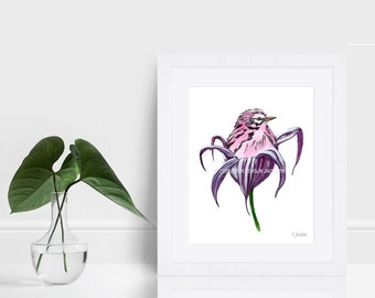 Whimsical Pink Bird in Lily Watercolor Art Print, Purple Flower, Nature Home Decor, Gift for Her, Unframed