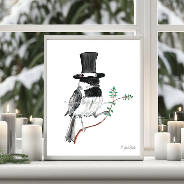 Chickadee in Top Hat Watercolor Art Print, Whimsical Bird Decor
