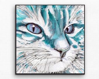 Blue Teal Striped Cat Watercolor Art Print, Bright Modern Square Pet Home Decor, Cat Mom Gift, Unframed