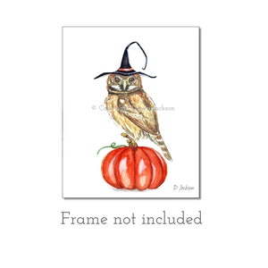 Halloween Witch Owl Watercolor Art Print, Bird on Pumpkin, Owl in Witch Hat, Kid Friendly Art, Unframed image 2