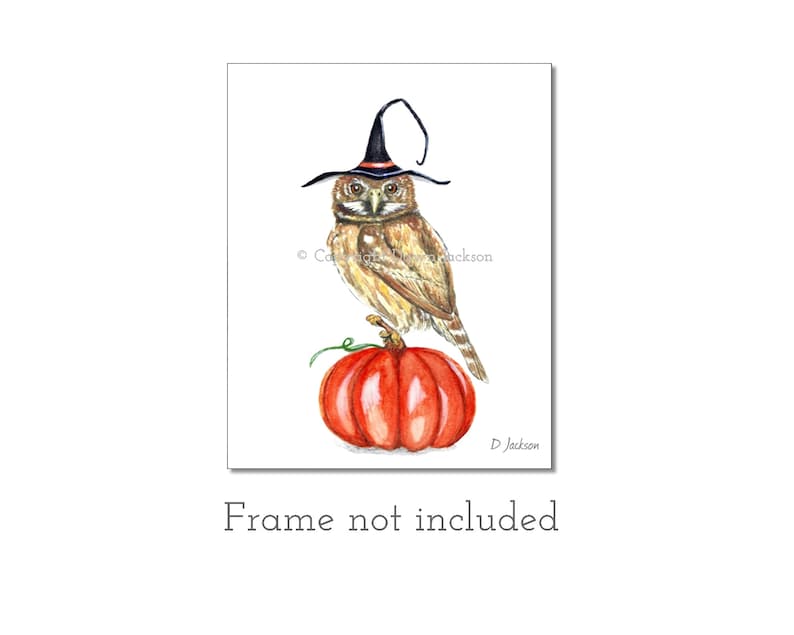 Halloween Witch Owl Watercolor Art Print, Bird on Pumpkin, Owl in Witch Hat, Kid Friendly Art, Unframed image 2