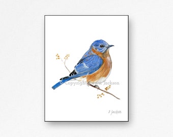 Bluebird Mounted Watercolor Art Print Ready to Hang, Modern State Bird Art, Happiness Symbol, Housewarming Gift, Gift For Mom