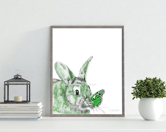 Green Bunny and Butterfly Watercolor Art Print, Modern Monochromatic Woodland Animal Nature Decor, Unframed