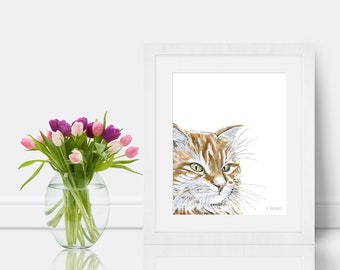 Orange Cat Watercolor Art Print, Modern Pet Home Decor, Gift for Her, Unframed