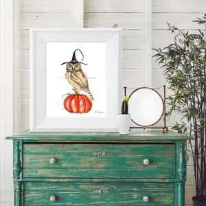 Halloween Witch Owl Watercolor Art Print, Bird on Pumpkin, Owl in Witch Hat, Kid Friendly Art, Unframed image 7