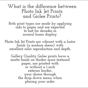 Puede incluir: Texto que explica la diferencia entre las impresiones de inyecci&oacute;n de tinta fotogr&aacute;fica y las impresiones gicl&eacute;e. Ambos tipos se hacen aplicando tintas sobre papel y se espera que duren d&eacute;cadas en la visualizaci&oacute;n normal del hogar. Las impresiones de inyecci&oacute;n de tinta fotogr&aacute;fica son vibrantes con un acabado brillante y una excelente reproducci&oacute;n del color y la profundidad. Las impresiones gicl&eacute;e de calidad de galer&iacute;a tienen un acabado mate en papel m&aacute;s grueso y texturizado y se imprimen con o sin un borde exterior de 2,5 cm.