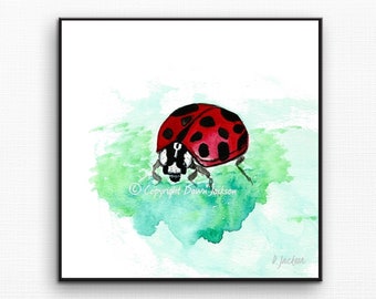 Ladybug Watercolor Art Print, Modern Insect Decor, Good Luck Symbol, Ladybird Beetle, New Home Gift, Unframed