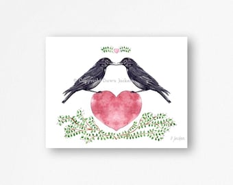 Crow Couple Wrapped Canvas Watercolor Art Print, Birds in Heart Nature Decor Unframed