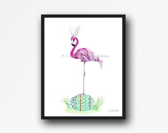 Easter Flamingo Watercolor Art Print, Tropical Easter Decor, Whimsical Bird Wall Art, Easter Egg Art, Colorful Kid Friendly Decor, Unframed