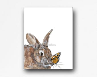 Bunny and Monarch Butterfly Mounted Watercolor Art Print, Ready to Hang, Modern Woodland Forest Nursery Animal