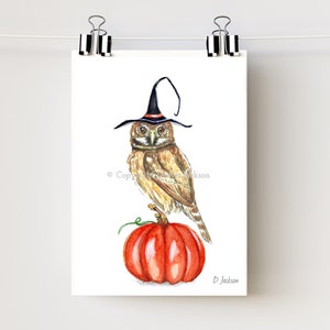 Halloween Witch Owl Watercolor Art Print, Bird on Pumpkin, Owl in Witch Hat, Kid Friendly Art, Unframed 5 x 7 inches
