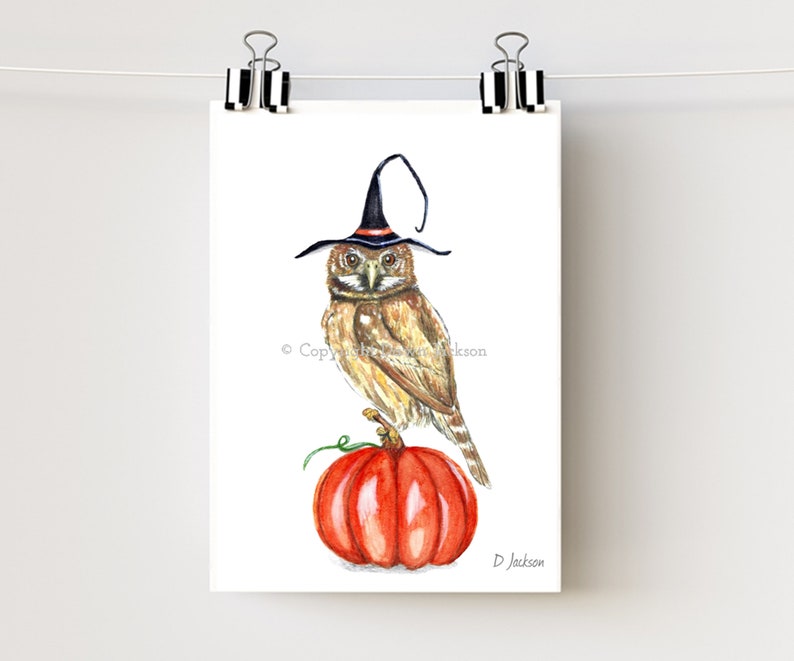 Halloween Witch Owl Watercolor Art Print, Bird on Pumpkin, Owl in Witch Hat, Kid Friendly Art, Unframed 5 x 7 inches