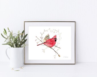 Cardinal Couple Horizontal Watercolor Art Print, State Bird Red Bird Decor, Memorial Gift Couple Gift, Unframed