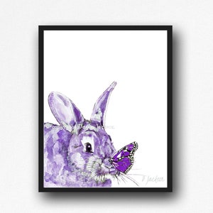 Purple Bunny and Butterfly Watercolor Art Print, Monochromatic Nature Decor, Unframed