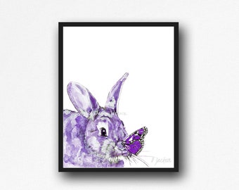 Purple Bunny and Butterfly Watercolor Art Print, Monochromatic Nature Decor, Woodland Forest Animal,  Unframed