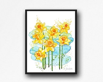 Yellow Daffodils Art Print from Hand Painted Watercolor Original, Modern Spring Flowers Decor, Gift for Her, Unframed