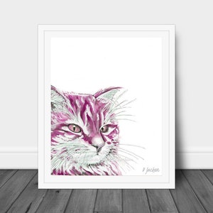 Pink Cat Watercolor Art Print, Modern Pet Portrait, Bright Wall Decor, Cat Mom Gift, Unframed
