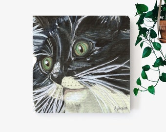 Tuxedo Cat Wrapped Canvas Watercolor Art Print, Modern Square Home Decor, Pet Lover's Gift, Unframed