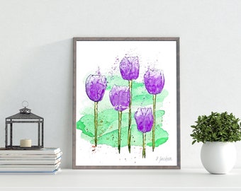 Abstract Purple Tulips Watercolor Art Print, Modern Spring Flowers Decor, Gift for Her, Unframed