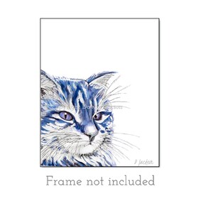 Puede incluir: Una pintura de acuarela de un gato azul y blanco con ojos morados. El gato est&aacute; mirando hacia la derecha de la imagen. La pintura est&aacute; firmada "D Jackson".