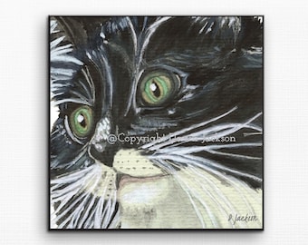 Tuxedo Cat Square Maximalist Watercolor Art Print from Hand Painted Original, Unframed