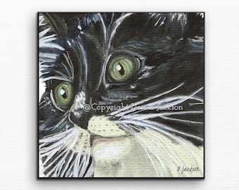 Tuxedo Cat Square Watercolor Art Print, Modern Pet Portrait, Maximalist Wall Decor, Unframed