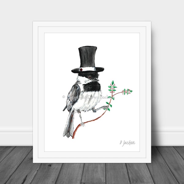 Chickadee in Top Hat Watercolor Art Print, Whimsical State Bird Art, Modern Farmhouse, Nature Decor, Boyfriend Gift, Gift for Her, Unframed