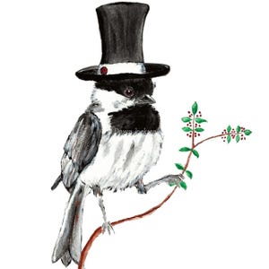 Chickadee in Top Hat Watercolor Art Print, Whimsical State Bird Art, Modern Farmhouse Nature Decor, Boyfriend Gift, Unframed